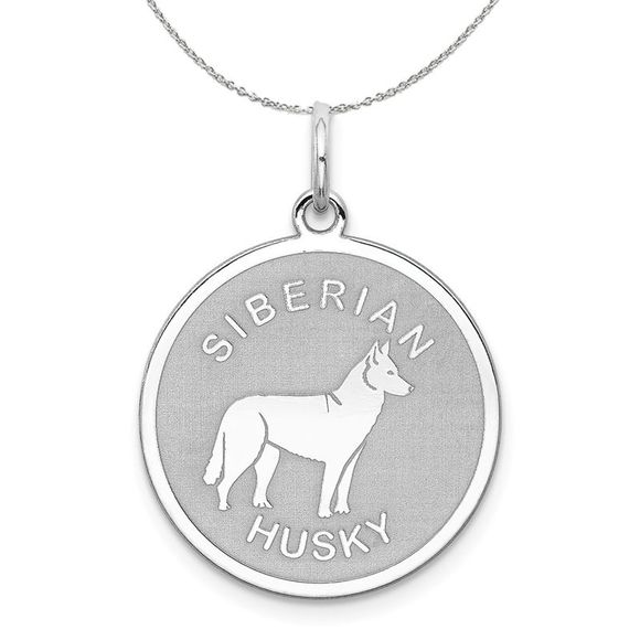 Sterling Silver Laser Etched Siberian Husky Dog 19mm Necklace - 18 In